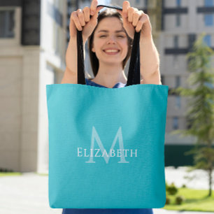 Teal Monogram Modern Name Initial Tote Bag