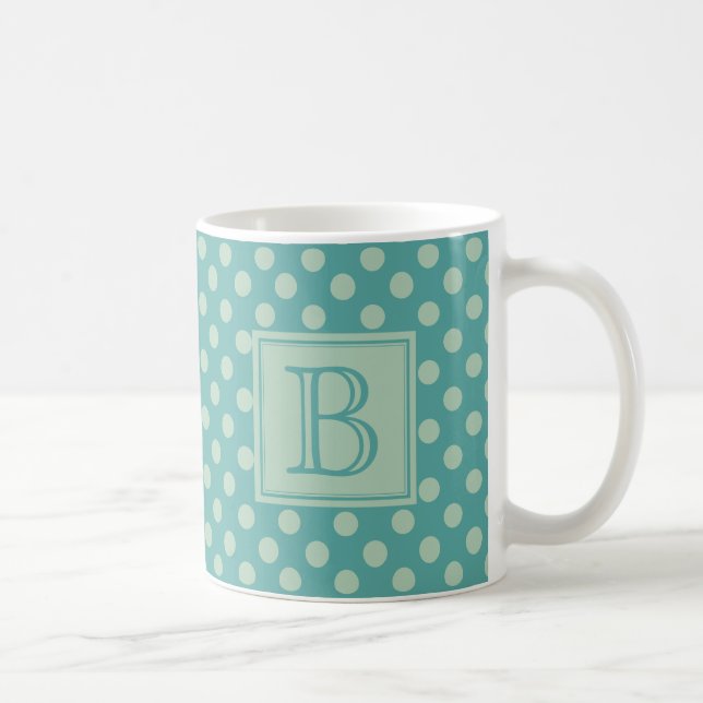 Teal Monogram Polka Dot Pattern Coffee Mug (Right)