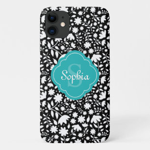 Teal Monogram Quatrefoil Black Floral Pattern iPhone 11 Case