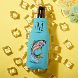 Teal Monogram Rainbow Trout Fishing Bottle Cooler