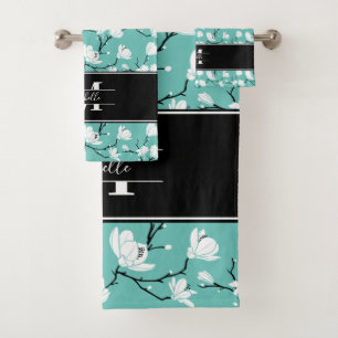 Teal Monogrammed Black and White Magnolia Flower Bath Towel Set