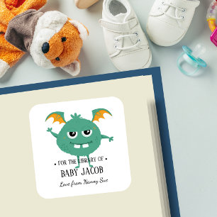 TEAL Monster Baby Toddler Personalized Bookplate Square Sticker