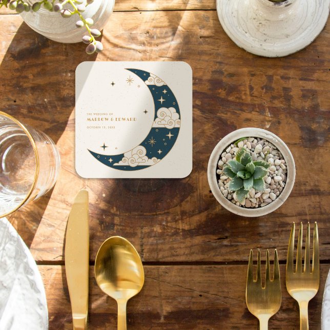 Teal Moon & Stars Celestial Wedding Reception Square Paper Coaster (Creator Uploaded)