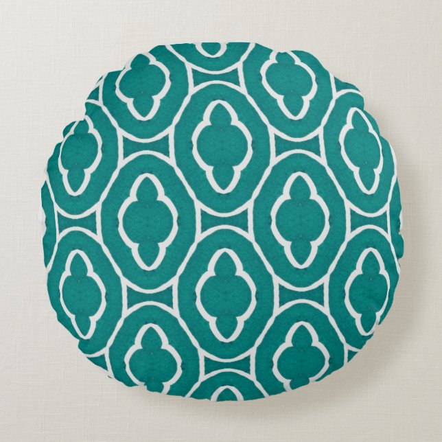  Teal Moroccan Trellis Pattern Round Pillow (Front)