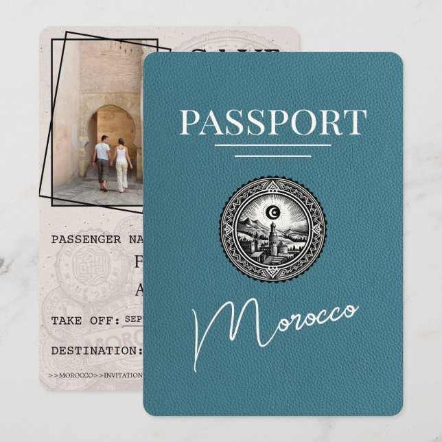 Teal Morocco Passport Save The Date (Front/Back)