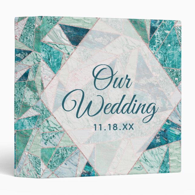 Teal Mosaic Marble Triangles Wedding Photo Album Binder (Front/Spine)