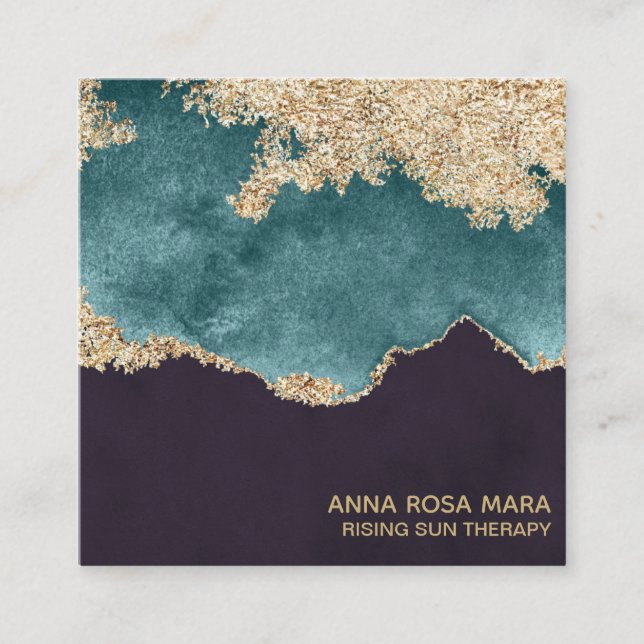 *~*Teal Moss Agate Geode Black Gold Glitter Square Business Card (Front)