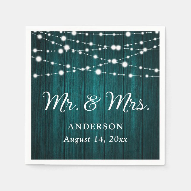 Teal Mr. and Mrs. String Lights Wood Wedding Napkin (Front)