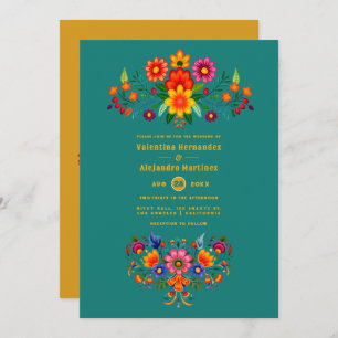 Teal & Mustard Mexican Folk Art Fiesta Wedding Invitation