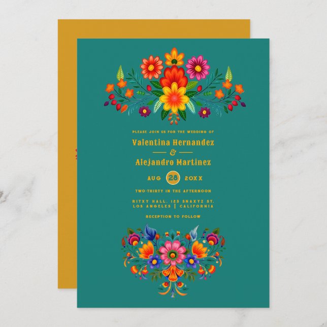 Teal & Mustard Mexican Folk Art Fiesta Wedding Invitation (Front/Back)