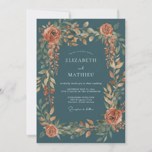 Teal Muted Terracotta Floral Wedding Invitation