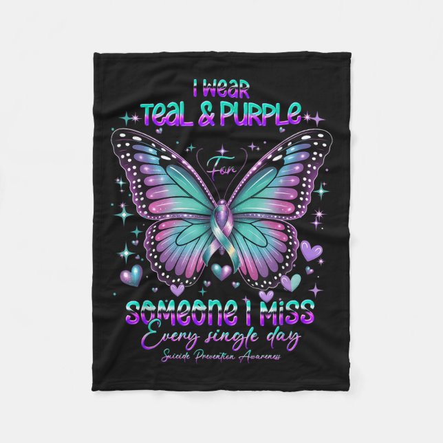 Teal N Purple Butterfly Suicide Prevention Awarene Fleece Blanket (Front)
