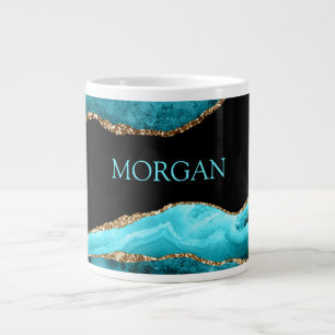 Teal Name on Black, Gold & Teal Agate Large Coffee Mug