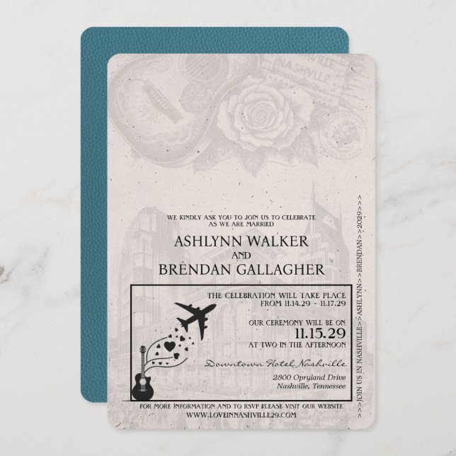 Teal Nashville Passport Wedding Invitation (Front/Back)