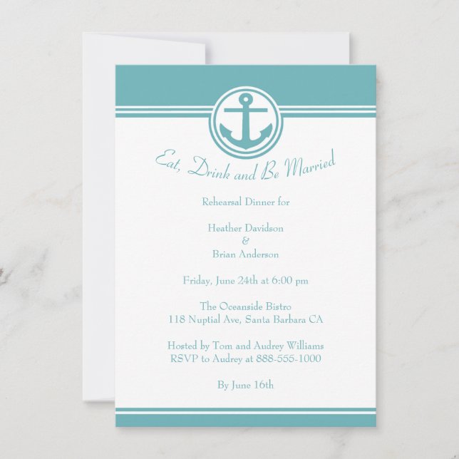 Teal Nautical Anchor Rehearsal Dinner Invite (Front)
