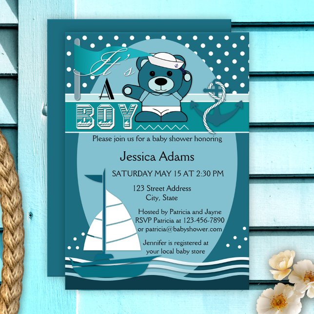 Teal Nautical Boy Baby Shower Invitation (It's a BOY nautical theme baby shower invitation featuring a teddy bear sailor on a sailboat in teal)