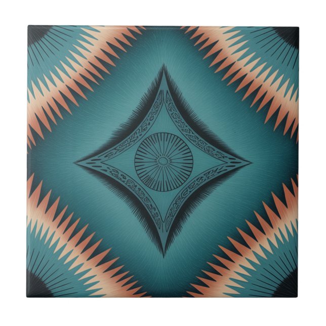 Teal Navajo Peach Sunburst Tile (Front)