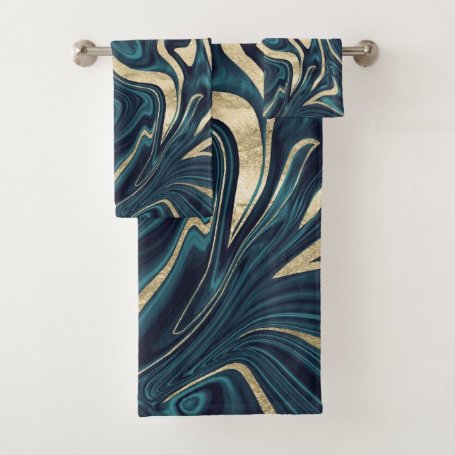 Teal Navy Blue Gold Marble #1 Bath Towel Set (Insitu)