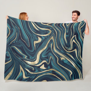 Teal Navy Blue Gold Marble #1 Fleece Blanket