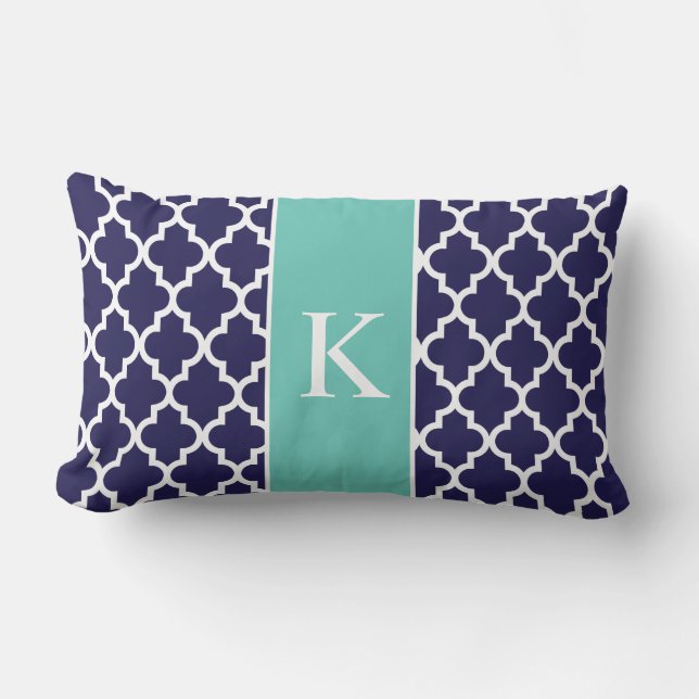 Teal Navy Blue Moroccan Custom Monogram Lumbar Pillow (Front)