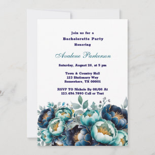 Teal Navy Blue Peony Flowers Bachelorette Party Invitation