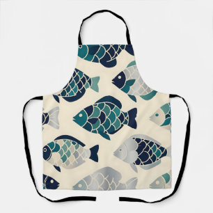 Teal Navy Blue Stylized Fish Repeating Pattern  Apron