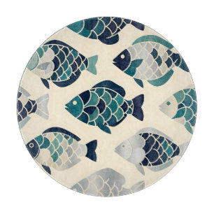 Teal Navy Blue Stylized Fish Repeating Pattern Cutting Board
