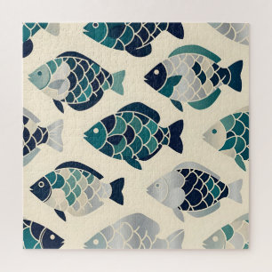 Teal Navy Blue Stylized Fish Repeating Pattern Jigsaw Puzzle