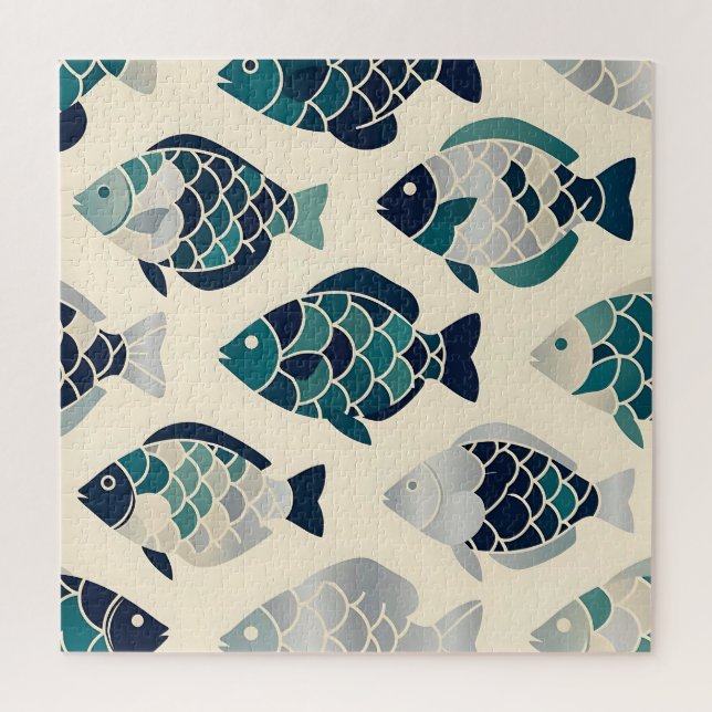 Teal Navy Blue Stylized Fish Repeating Pattern  Jigsaw Puzzle (Vertical)