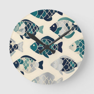 Teal Navy Blue Stylized Fish Repeating Pattern  Round Clock