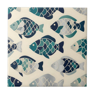 Teal Navy Blue Stylized Fish Repeating Pattern Tile