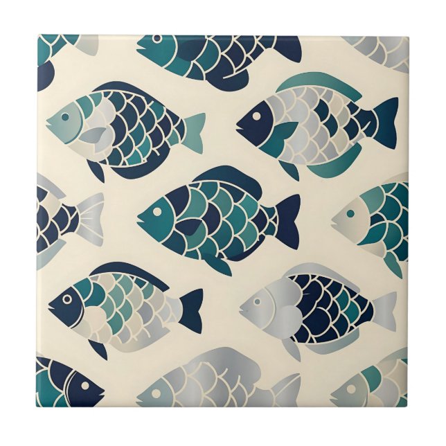 Teal Navy Blue Stylized Fish Repeating Pattern  Tile (Front)