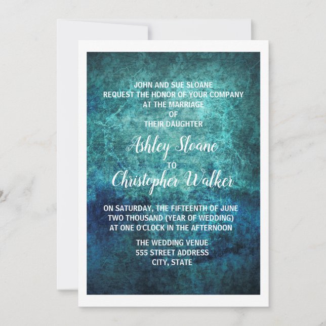 Teal Navy Blue Watercolor Wedding Invitation (Front)