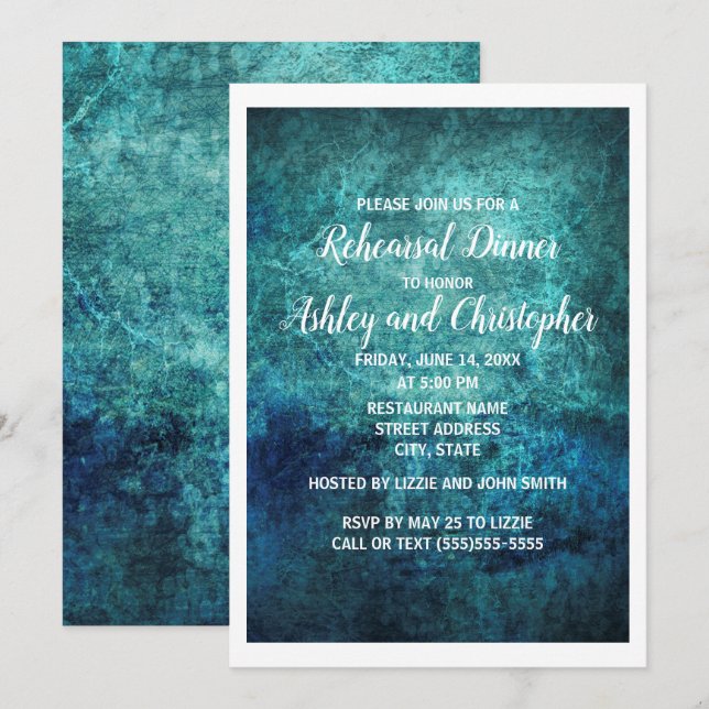 Teal Navy Blue Watercolor Wedding Rehearsal Dinner Invitation (Front/Back)