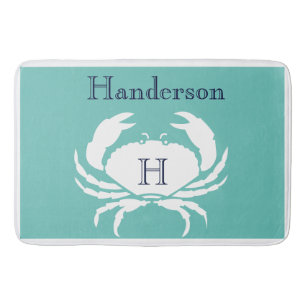 Teal Navy Blue White Crab Nautical Kitchen rug