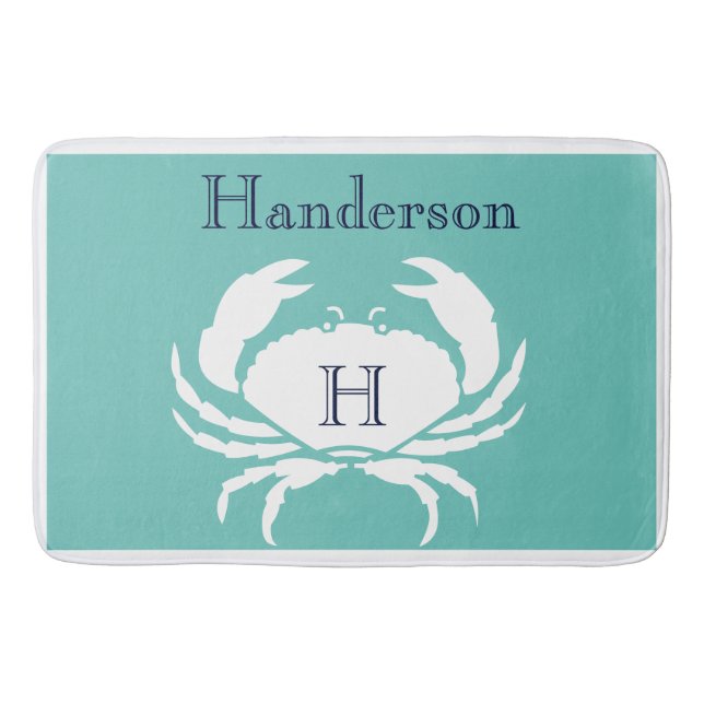  Teal Navy Blue White Crab Nautical Kitchen rug (Front)