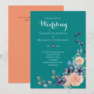 Teal Navy Coral Floral Budget Wedding Stationery