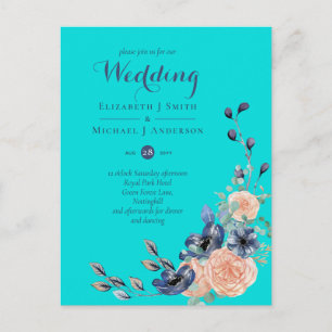 Teal Navy Coral Floral Budget Wedding Stationery Postcard