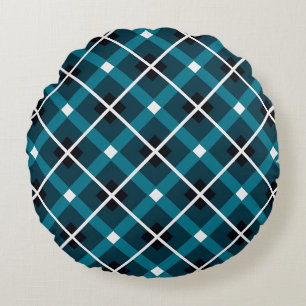 Teal & Navy Geometric Grid Pattern Round Pillow