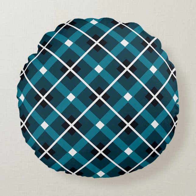 Teal & Navy Geometric Grid Pattern Round Pillow (Front)