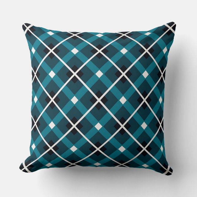 Teal & Navy Geometric Grid Pattern Throw Pillow (Front)