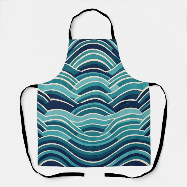 Teal Navy Geometric Ocean Waves Repeating Pattern Apron (Front)
