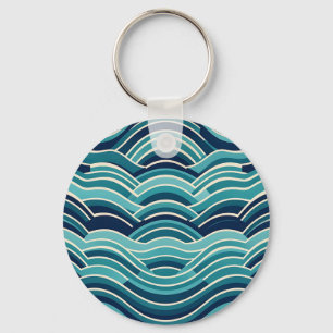 Teal Navy Geometric Ocean Waves Repeating Pattern Keychain