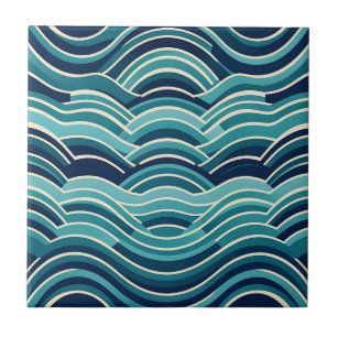 Teal Navy Geometric Ocean Waves Repeating Pattern Tile
