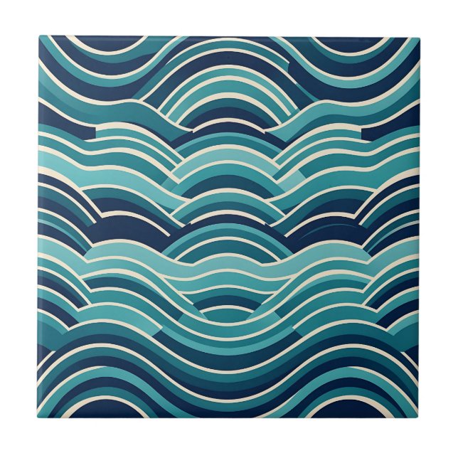 Teal Navy Geometric Ocean Waves Repeating Pattern Tile (Front)