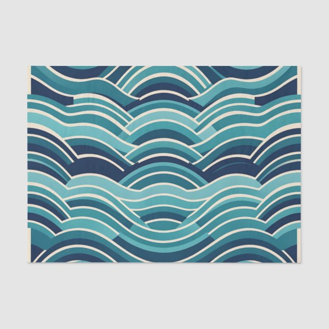Teal Navy Geometric Ocean Waves Repeating Pattern Tissue Paper (Front)