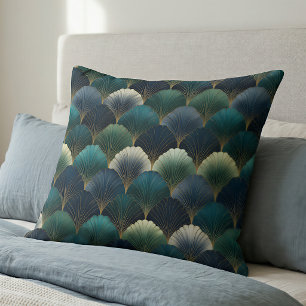Teal Navy Gold Art Deco Fan Pattern Throw Pillow