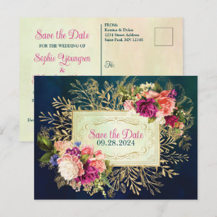 Teal, Navy, Green, Gold Bold Florals Save the Date Postcard