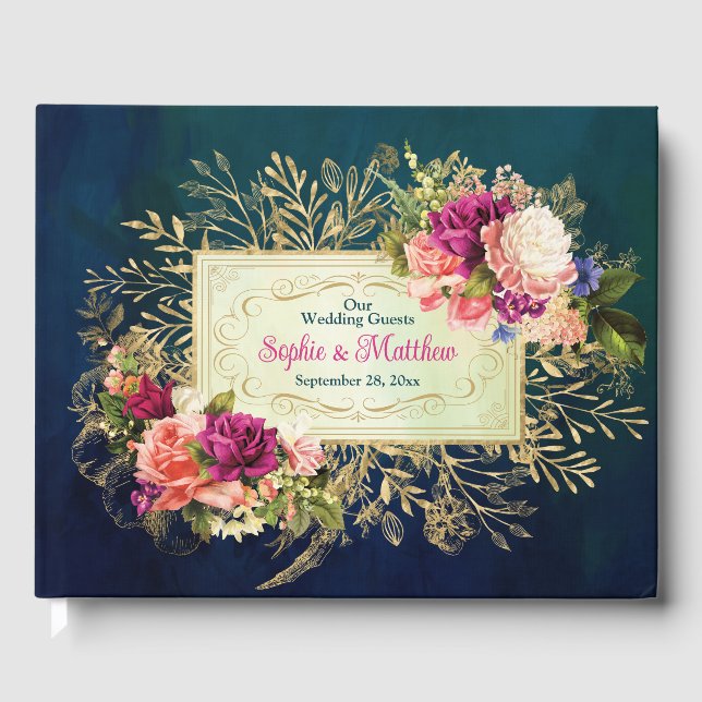 Teal, Navy, Green, Gold Bold Florals Wedding Guest Book (Front)