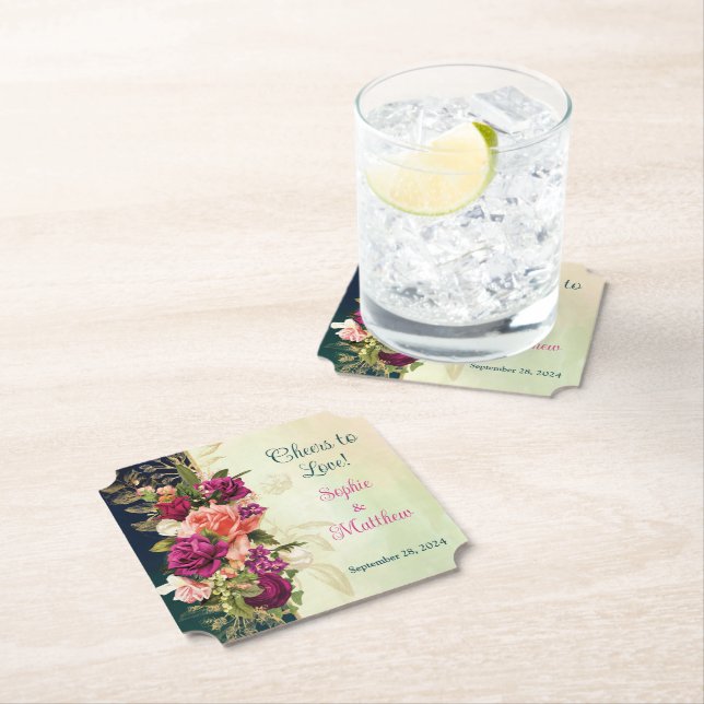 Teal, Navy, Green, Gold Bold Florals Wedding Paper Coaster (Insitu)